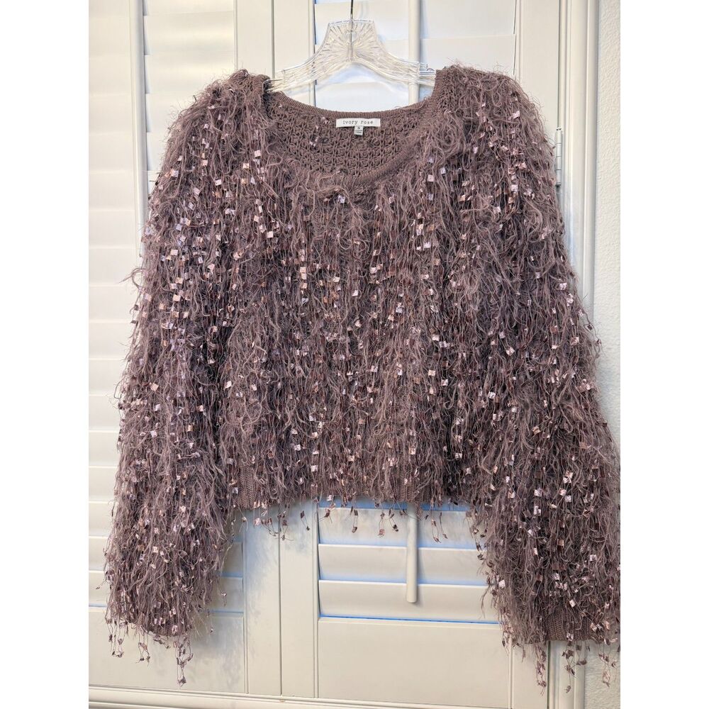 Fairy Mauve Shaggy Eyelash Fringe Tinsel Cropped Sweater Size Small